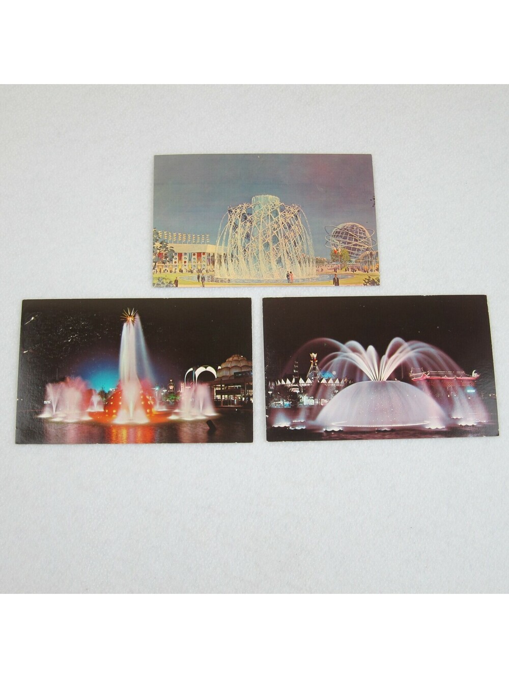 1964 New York Worlds Fair 3 Postcards Astral Solar & Lunar Fountain At Night